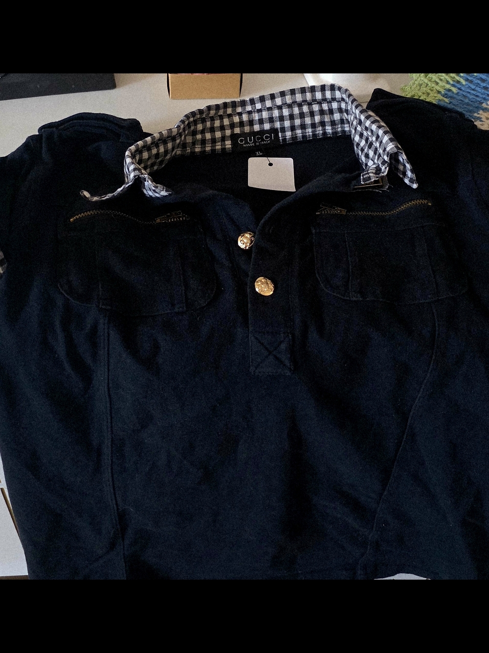 Gucci Black Button Polo with Gingham Collar